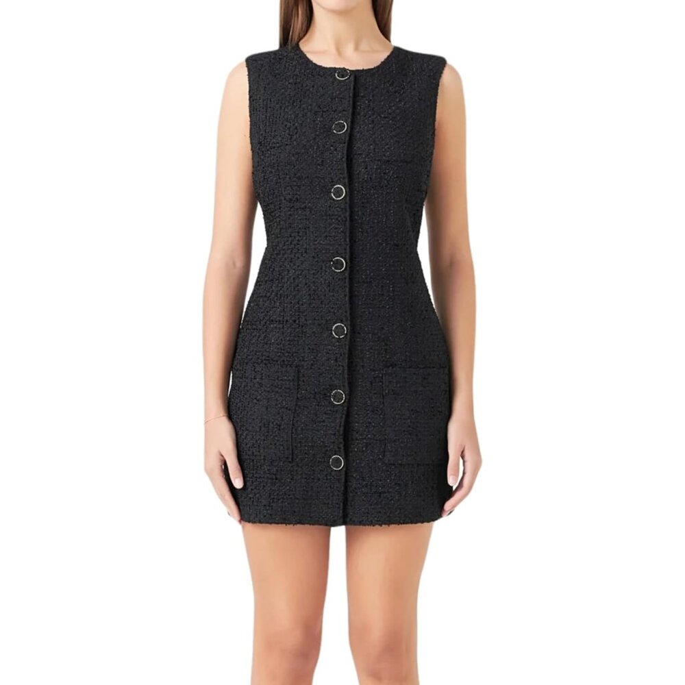 Women's Tweed Dress Sleeveless Bodycon Mini Elegant Button Up Work Casual
